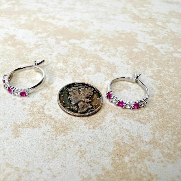 Sterling Silver 925 Pink CZ Hoop Earrings - Picture 3 of 5